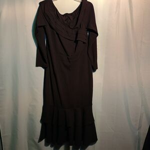 Vintage Long Sleeve Black Midi Dress with Ruffle Hem and Draped Neckline